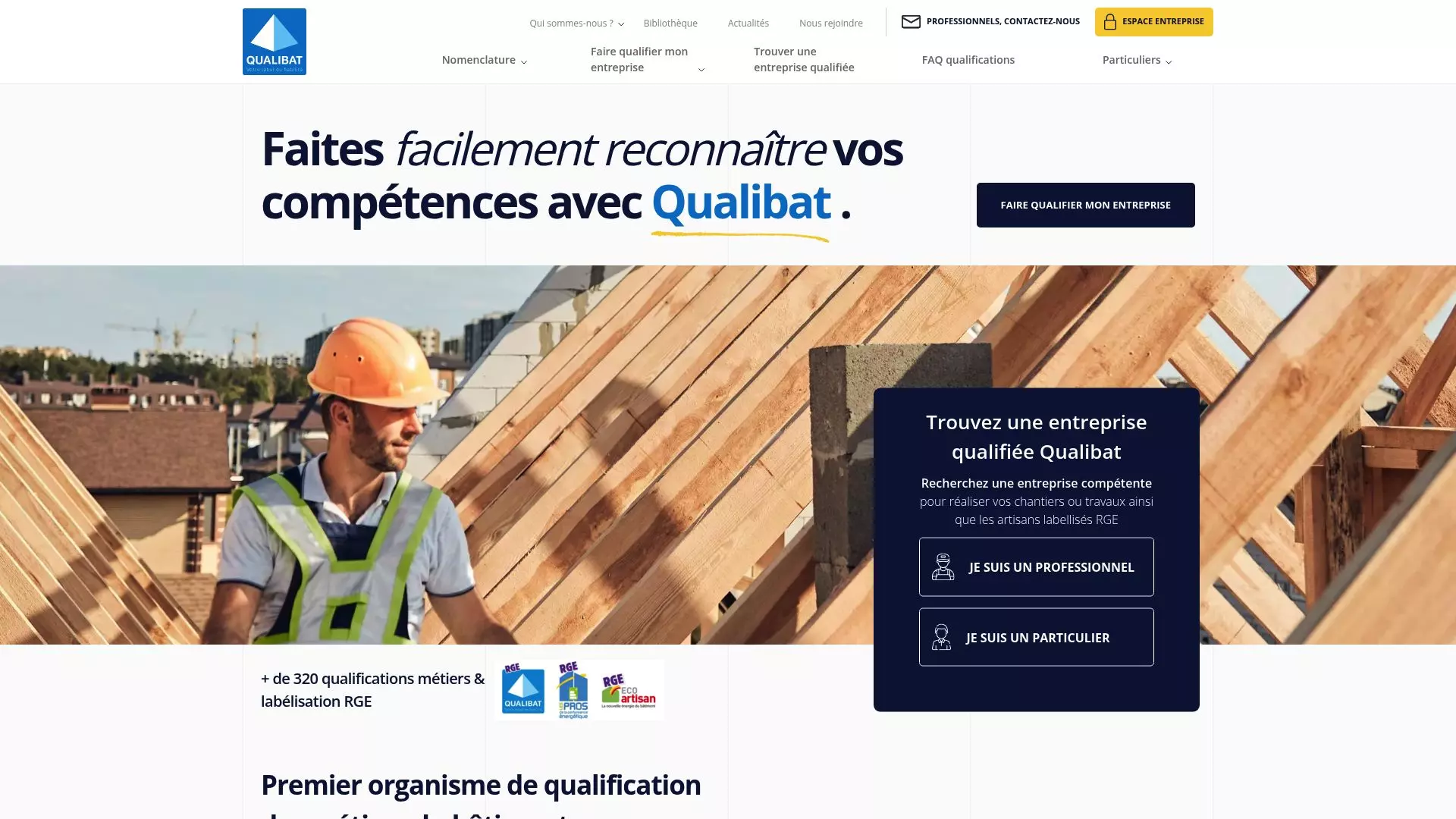 Homepage of Qualibat website showing the certification search tool