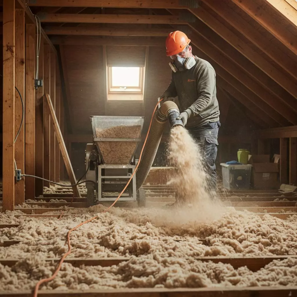 Un artisan couvreur en train de souffler de la ouate de cellulose dans des combles perdus à l