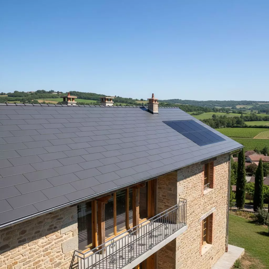 Une toiture neuve et élégante sur une maison de la région lyonnaise, illustrant un projet de rénovation réussi.