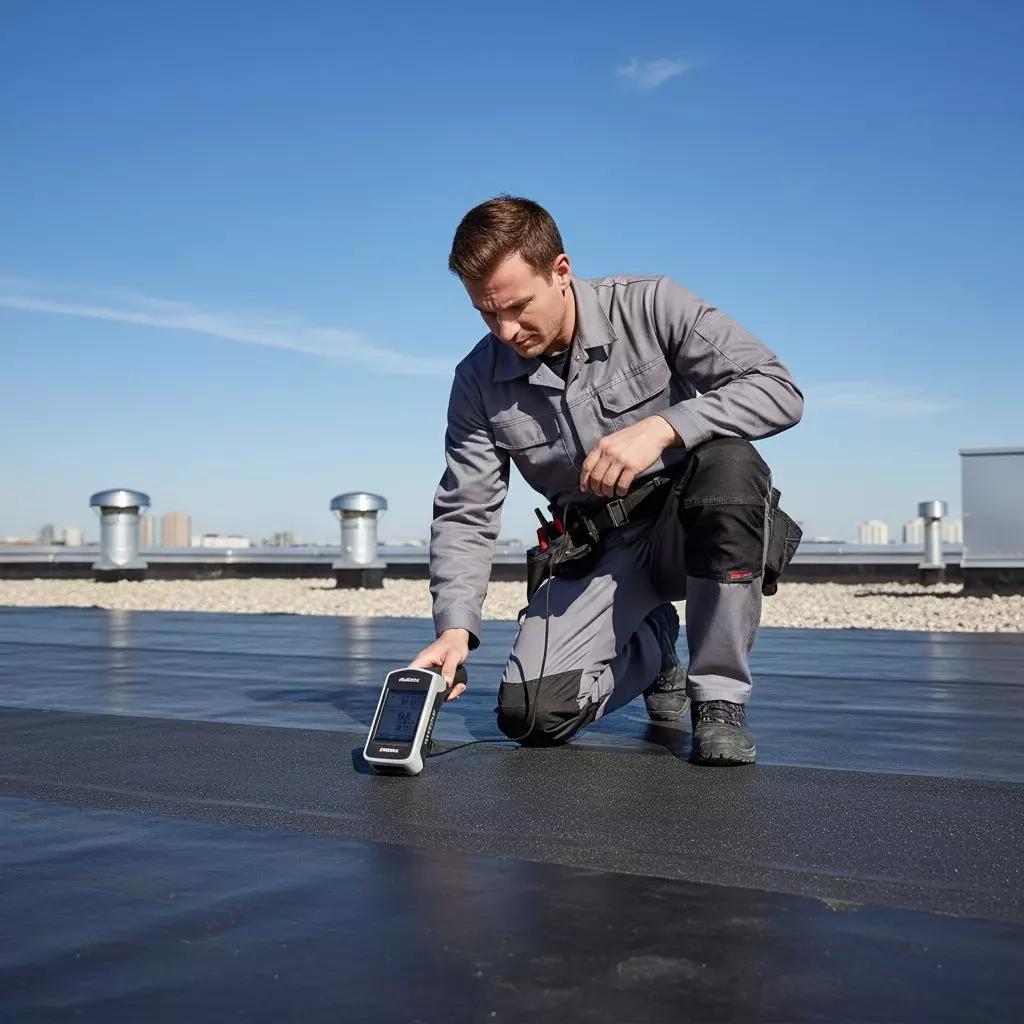 Un technicien sur un toit plat utilisant un testeur d