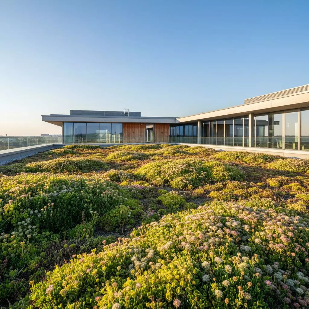 Une magnifique toiture terrasse végétalisée sur un immeuble moderne, avec des plantes de sedum en fleurs.