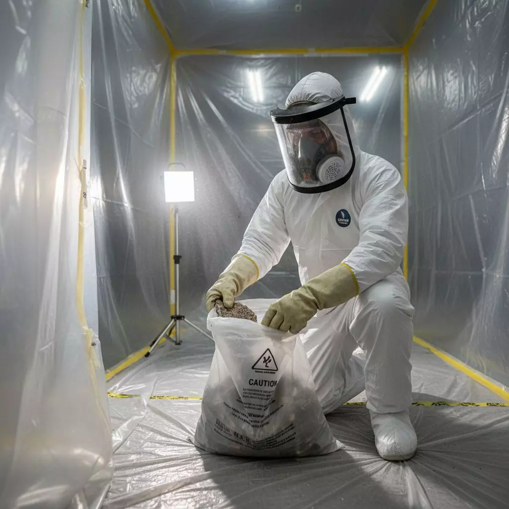 Un technicien spécialisé en désamiantage manipulant des matériaux amiantés avec l