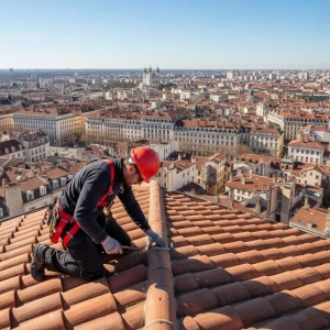 Professional roofer inspecting a tiled roof in Lyon city center with safety equipment