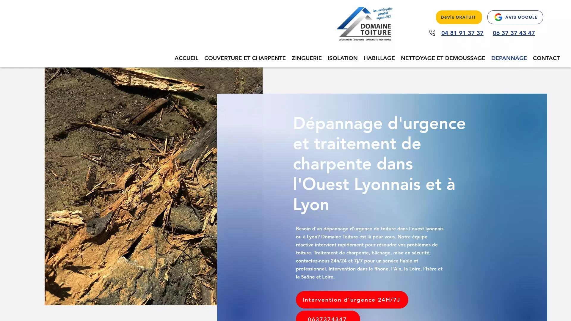 Screenshot of Domainetoiture.fr depannage page highlighting 24/7 availability