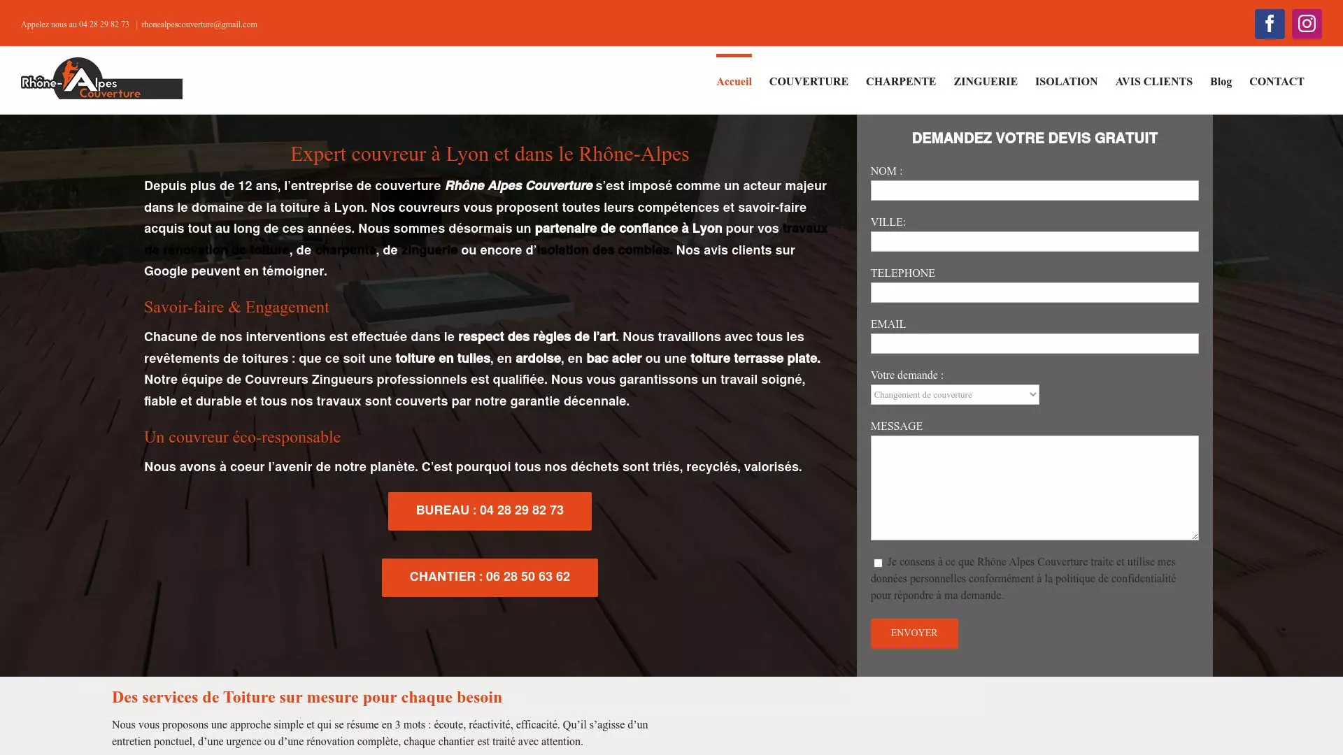 Screenshot of the Rhône Alpes Couverture website highlighting their 24/7 emergency service