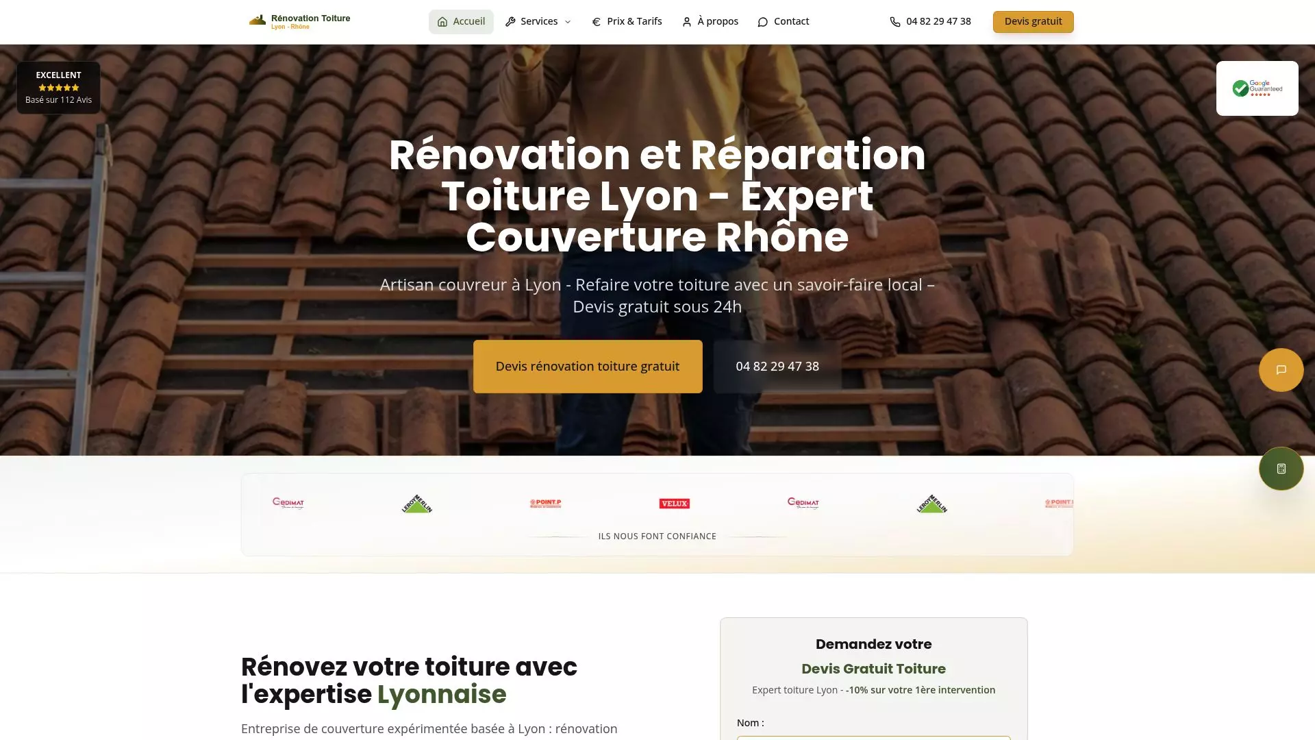 Screenshot of renovation-toiture-lyon.fr homepage showing pricing section