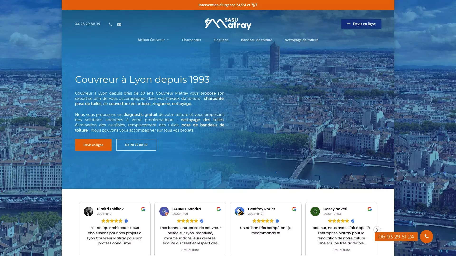 Screenshot of Couvreur Matray webpage emphasizing emergency contact details
