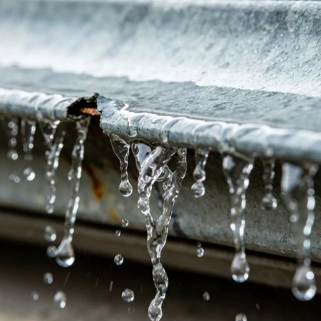 Close-up view of a damaged zinc gutter with water dripping during a storm in Lyon focusing on the texture of wet metal