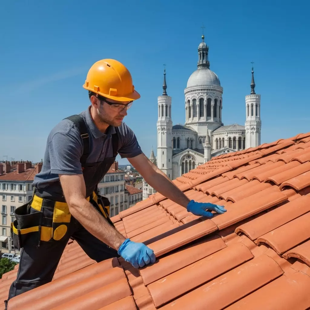 A professional roofer inspecting a terracotta tile roof in Lyon city center with the Basillica of Fourviere in the background, checking for damages during a sunny day, realistic photography style
