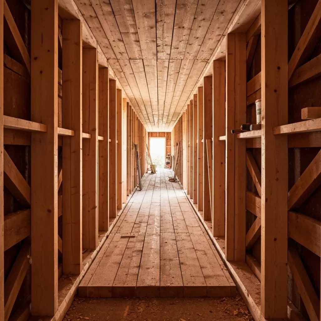 Old wooden roof structure renovation works view from inside attic