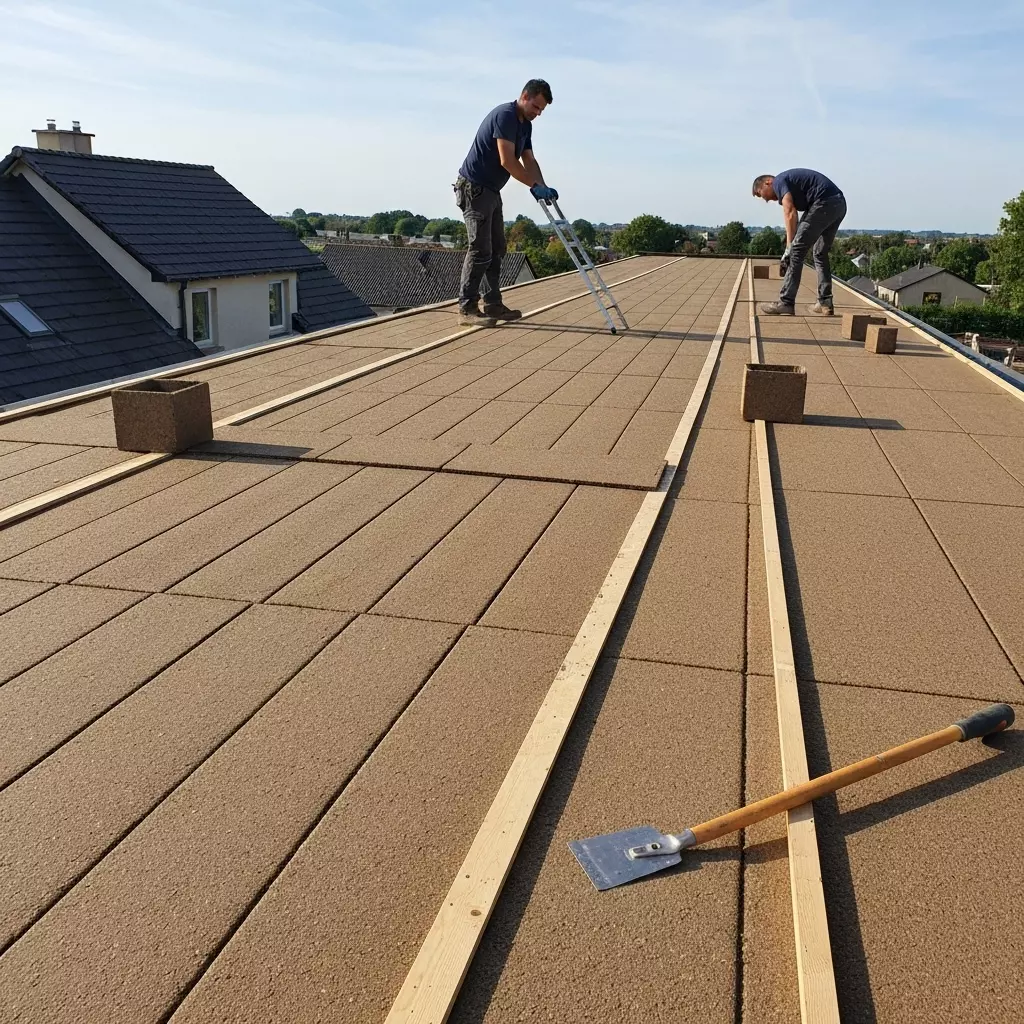Close-up of a professional installing natural slate roof tiles with tools visible, high detail texture