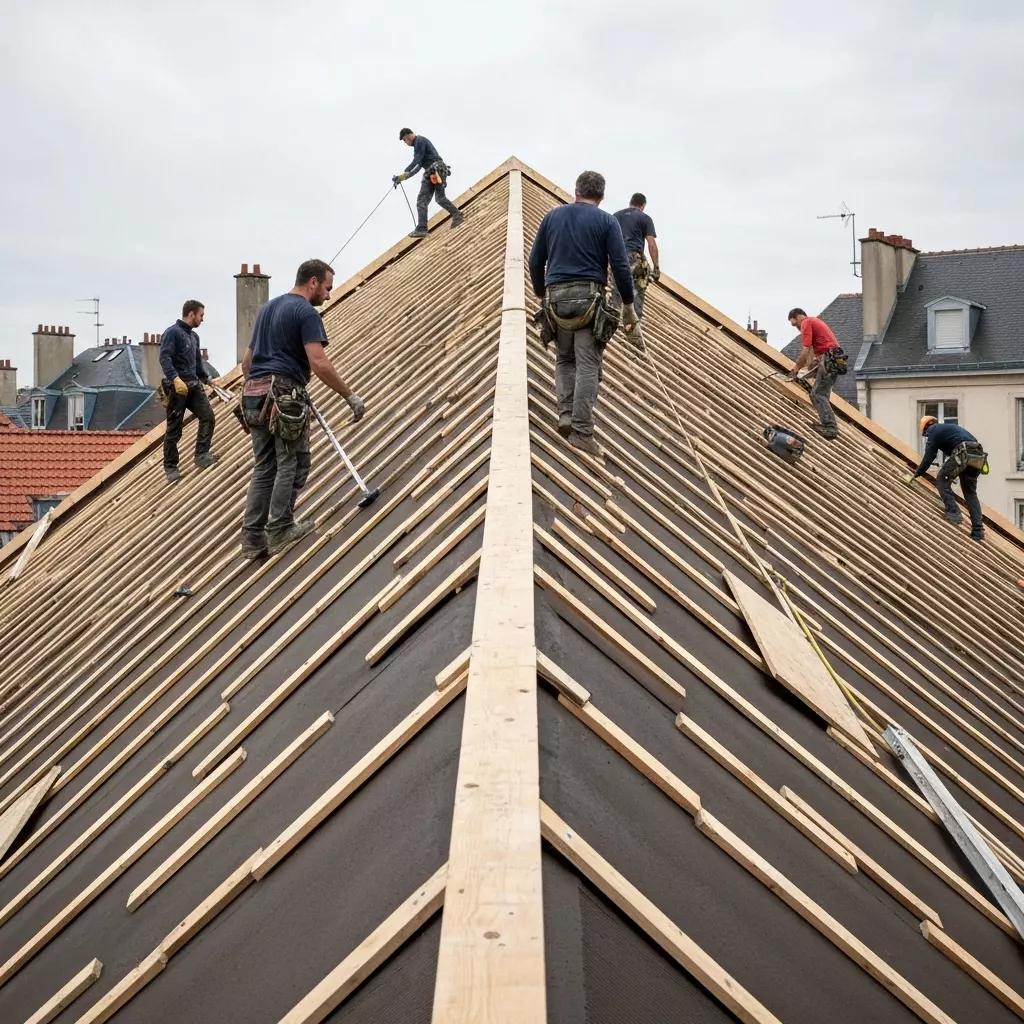 Equipe de couvreurs intervenant de nuit sous la pluie avec équipement de sécurité à Lyon