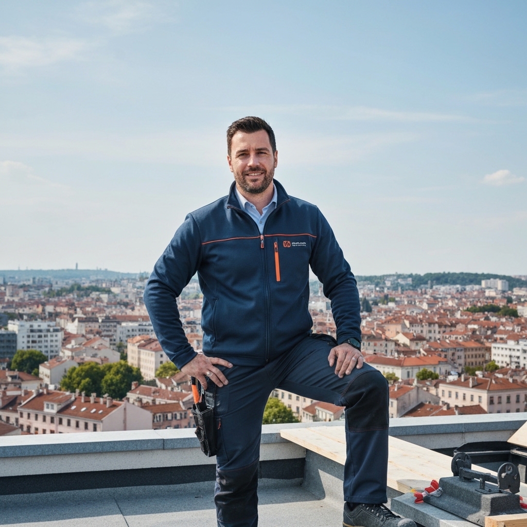 Couvreur professionnel sur un toit à Lyon, représentant la qualité et la fiabilité de la garantie décennale couvreur Lyon.