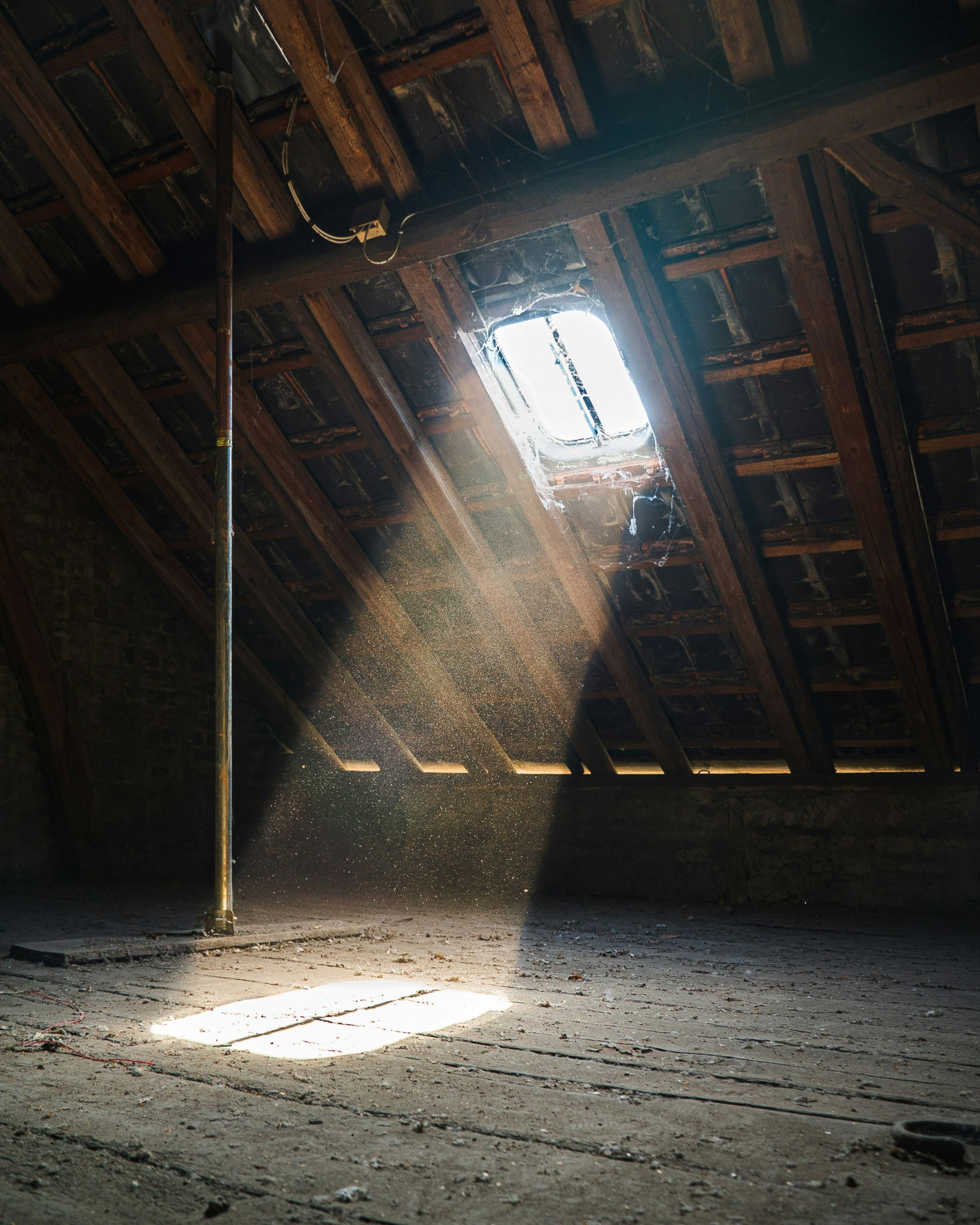 Interior view of a traditional wooden roof structure in an attic with light coming through a skylight.