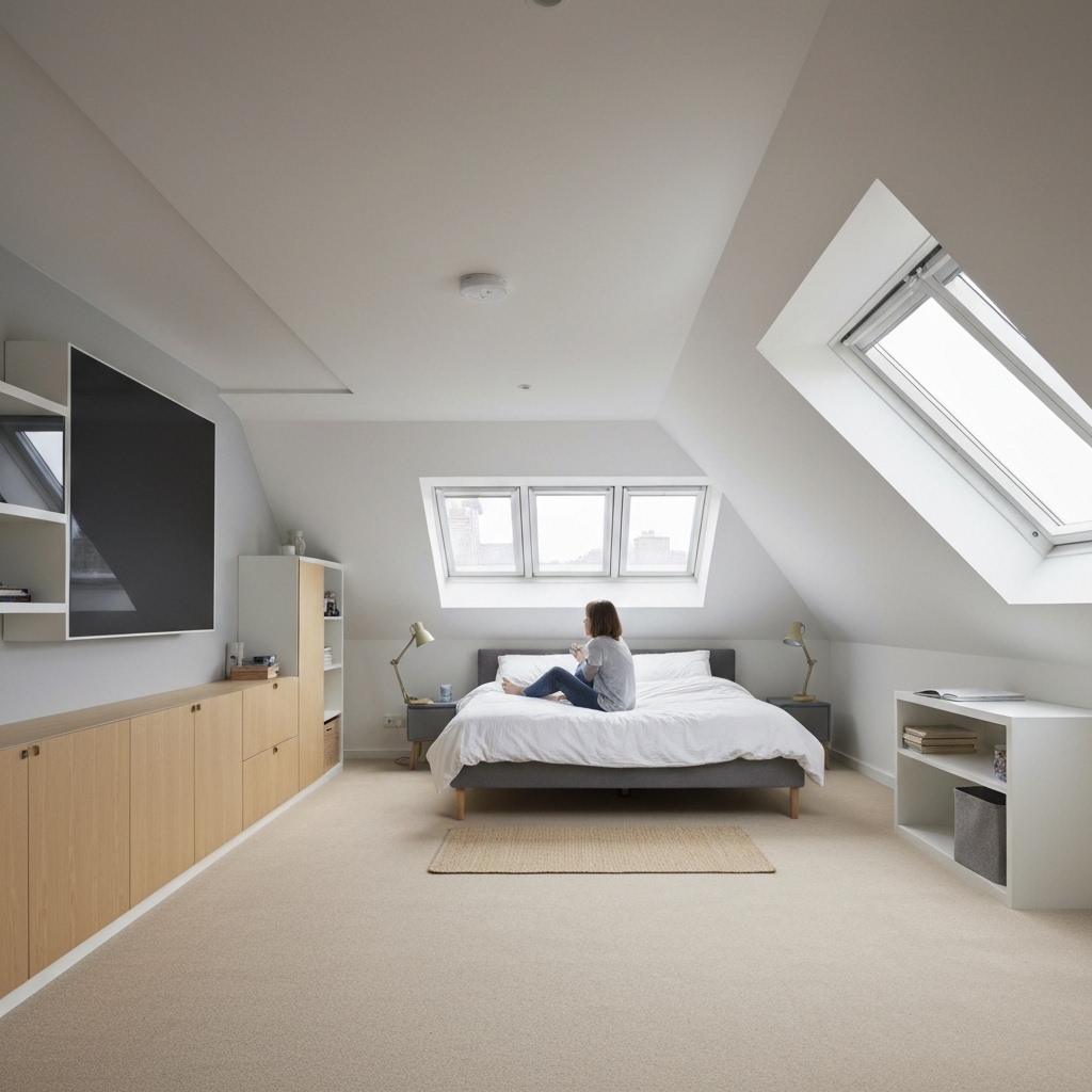 Intérieur lumineux de combles aménagés en chambre avec velux, personne assise sur le lit regardant par la fenêtre, ambiance calme et sereine