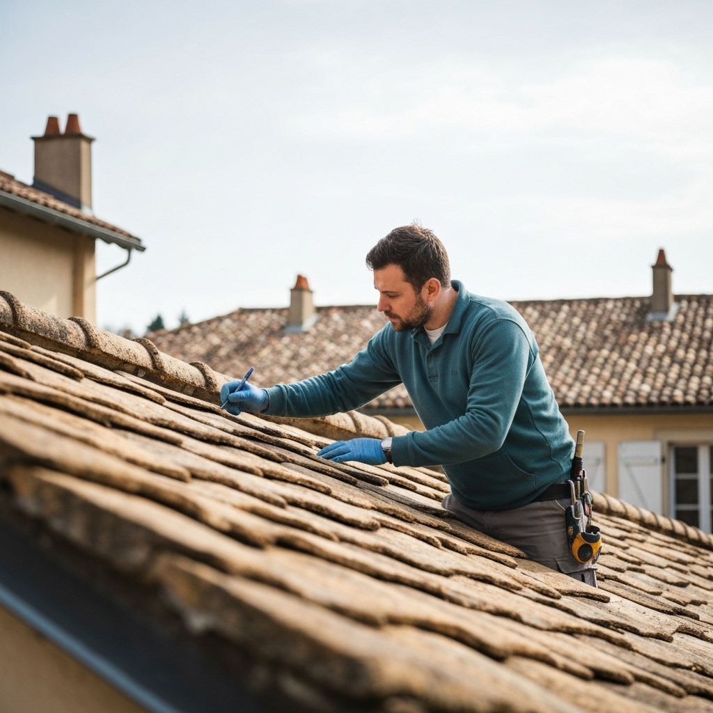 Couvreur professionnel équipé d'un harnais de sécurité inspectant minutieusement une toiture en tuiles terre cuite sur une maison lyonnaise traditionnelle, avec les toits caractéristiques de Lyon visibles en arrière-plan sous un ciel partiellement nuageux