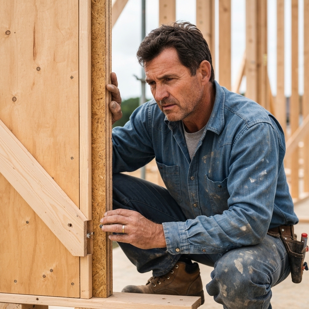 Close-up of a professional carpenter inspecting a massive glued laminated timber beam on a construction site in Lyon, showcasing the detailed wood layers.