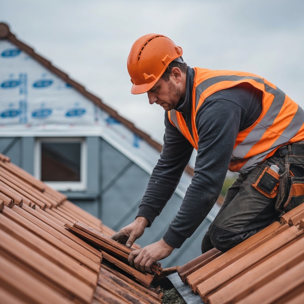 Close-up of a professional roofer inspecting terracotta tiles in Lyon with insulation materials in the background, realistic style, high detail