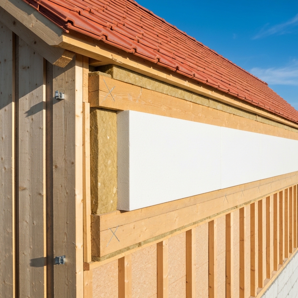 Schematic view of Sarking insulation method showing layers of wood, insulation panels, counter-latths and tiles