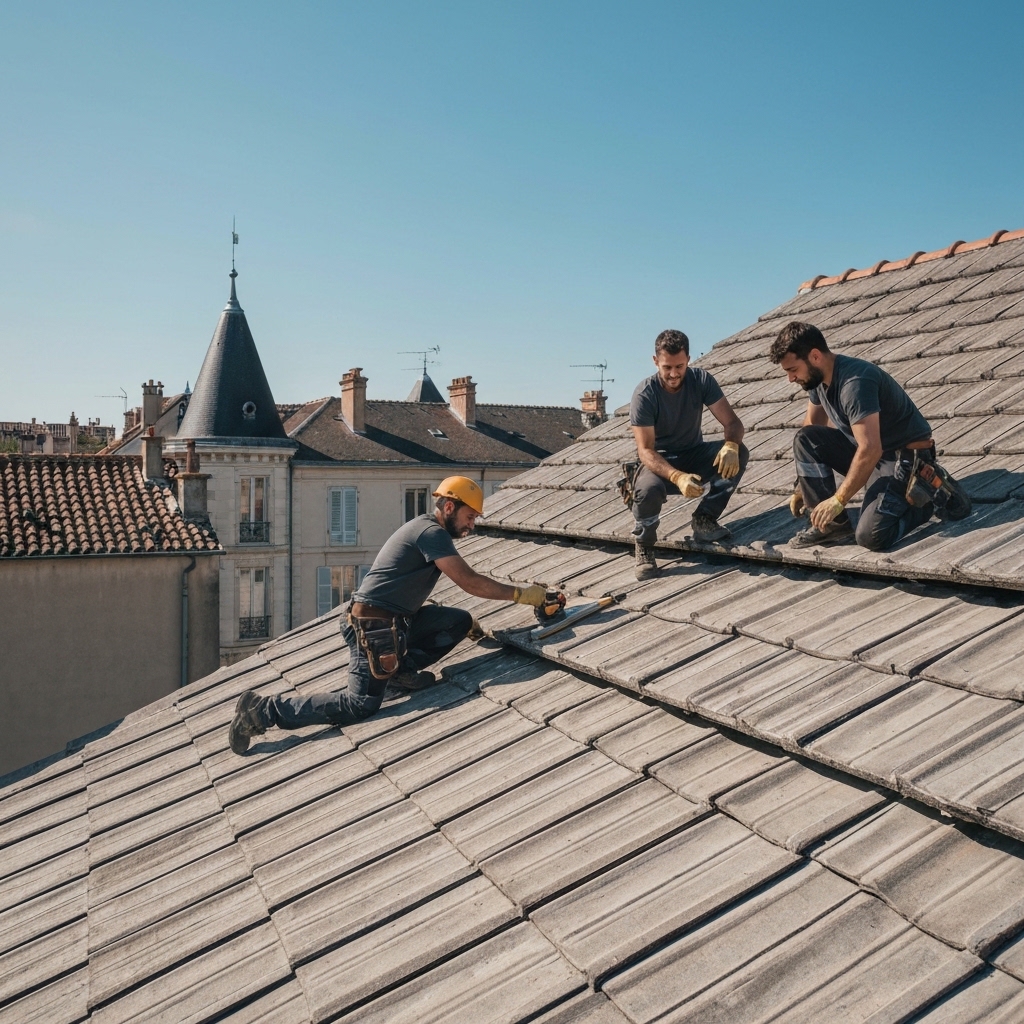 Professional roofers in safety harnesses installing terracotta tiles on a residential roof in Lyon, with traditional French architecture visible in background, sunny day, workers using professional tools and equipment