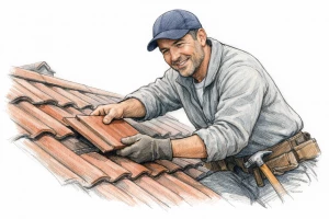 Réparation toiture urgence Lyon 6 en moins de 24h. Croquis d'un couvreur professionnel réparant un toit.