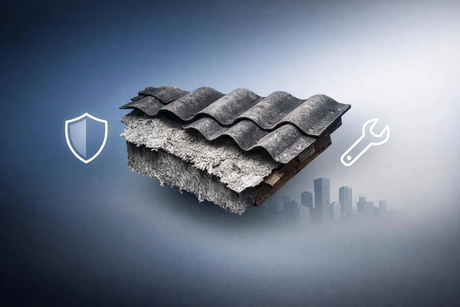 Réfection de toiture amiante à Lyon: image conceptuelle avec toit en réparation et icônes de sécurité/rénovation.