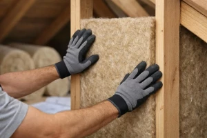 Pose d'isolation thermique pour comble aménageable. Un expert assure la qualité, impactant directement le prix et l'efficacit