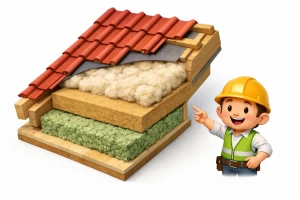 Illustration 3D isométrique : toiture moderne avec couches d'isolation toiture écologiques (laine, fibre de bois).