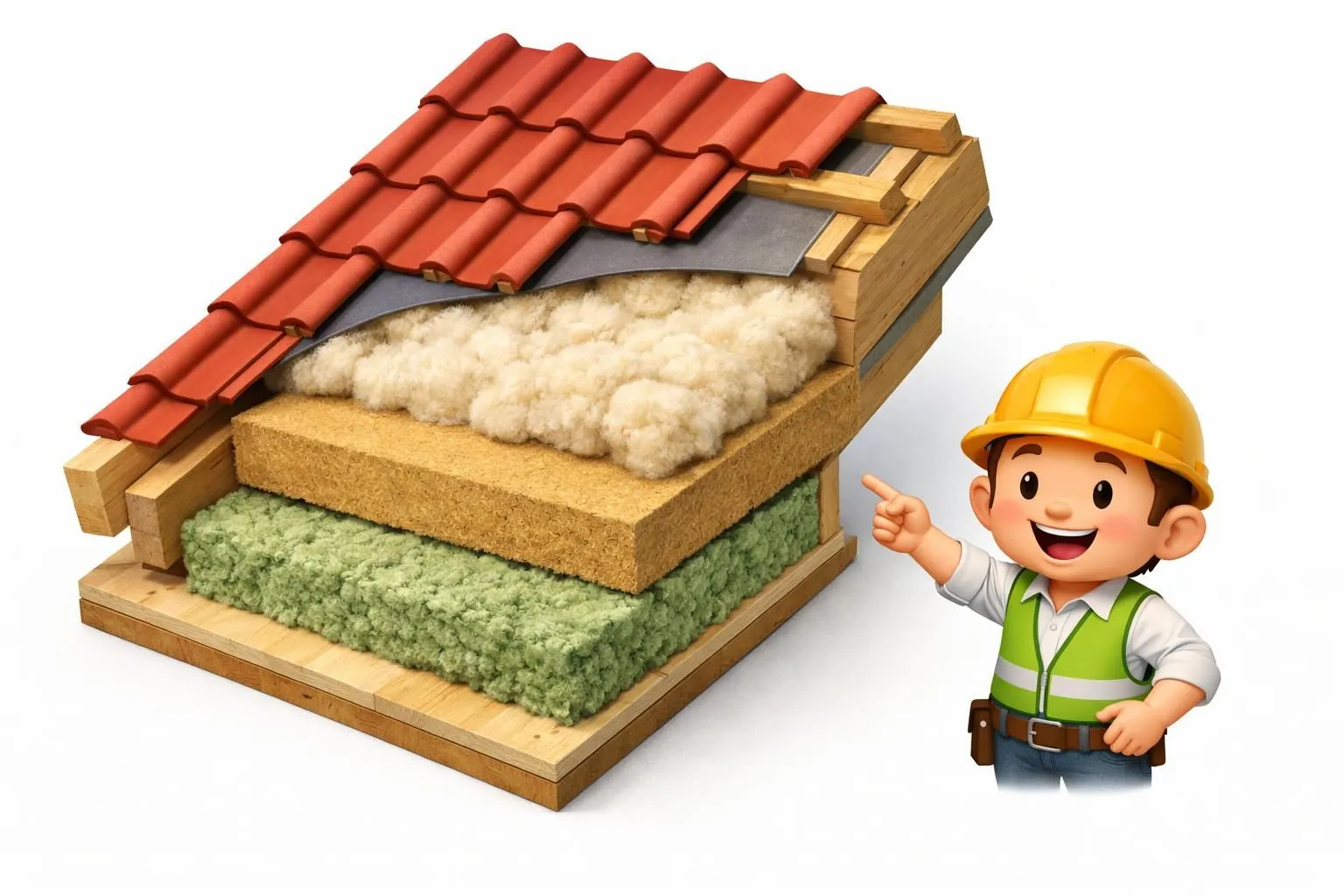 Illustration 3D isométrique : toiture moderne avec couches d'isolation toiture écologiques (laine, fibre de bois).