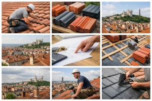 Collage photos rénovation toiture coût au m2 Lyon 2026. Couvreur, matériaux et tarifs toiture Lyon.