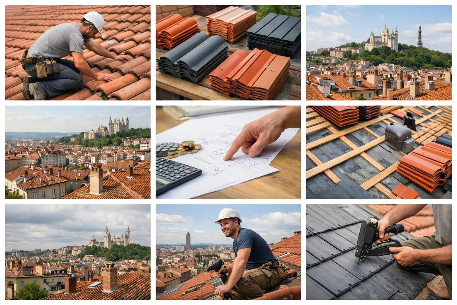 Collage photos rénovation toiture coût au m2 Lyon 2026. Couvreur, matériaux et tarifs toiture Lyon.
