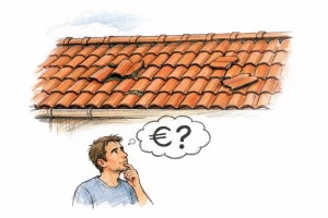 Dessin d'un toit tuile lyonnais avec euro et point d'interrogation, illustrant le coût d'entretien.