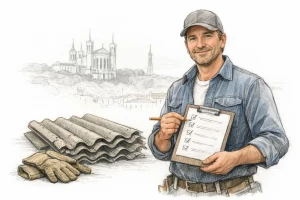Expert toiture amiante certifié Lyon: croquis d'un pro avec checklist, tuiles, gants de sécurité et skyline de Lyon.