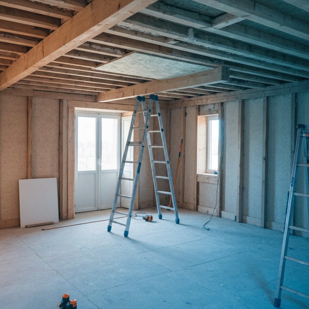 Artisan couvreur professionnel installant des rouleaux de laine de verre dans les combles d'une maison ancienne, équipements de sécurité visibles, lumière naturelle filtrant par une lucarne, sans aucun texte ni logo