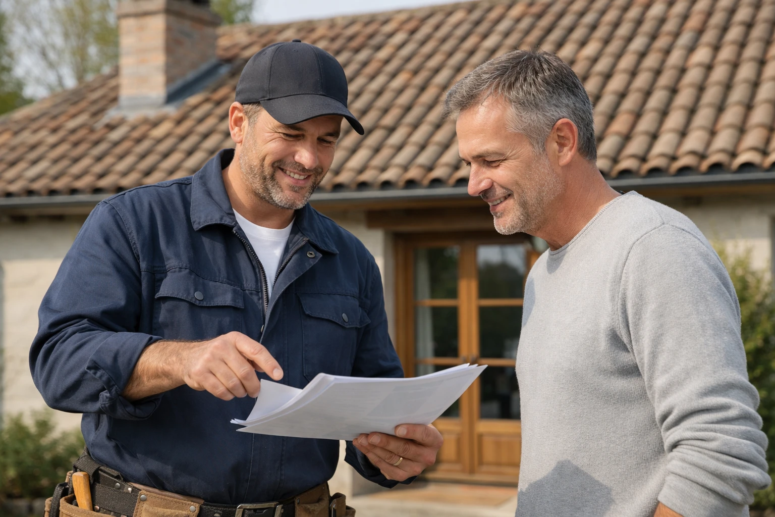 Artisan couvreur professionnel présentant des documents détaillés à un propriétaire devant une maison avec toiture en tuiles, atmosphère de confiance et d'expertise, lumière naturelle de fin de journée