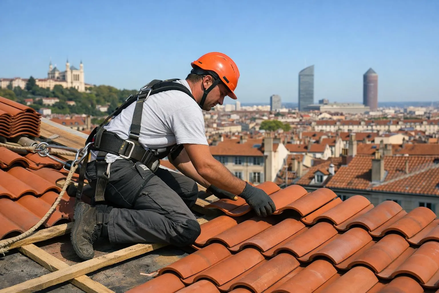 Couvreur professionnel installant des tuiles terre cuite sur un toit en pente, équipements de sécurité visibles, toits lyonnais en arrière-plan sous ciel dégagé, photographie réaliste sans aucun texte ni inscription