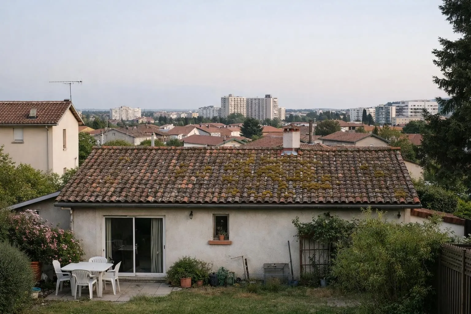 Toiture de maison individuelle avec tuiles anciennes présentant des signes d'usure visibles, mousse et lichens, dans un quartier résidentiel typique de Vénissieux avec vue sur d'autres pavillons en arrière-plan, lumière naturelle de fin de journée, perspective depuis le jardin. CRITICAL: ABSOLUTELY NO TEXT, words, letters, numbers, signs, labels, logos, titles, or captions in the image.