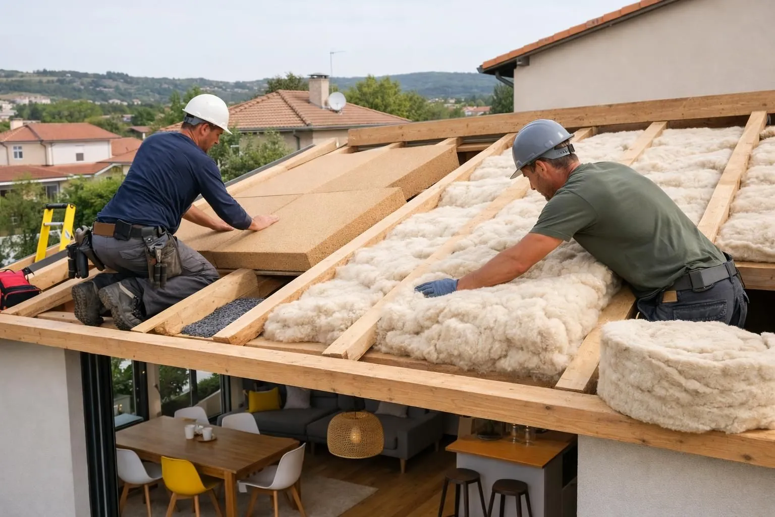Cross-section view of an ecological roof insulation installation showing natural materials like wood fiber and sheep wool being installed by workers on a residential house, warm indoor atmosphere visible below, Lyon suburban setting