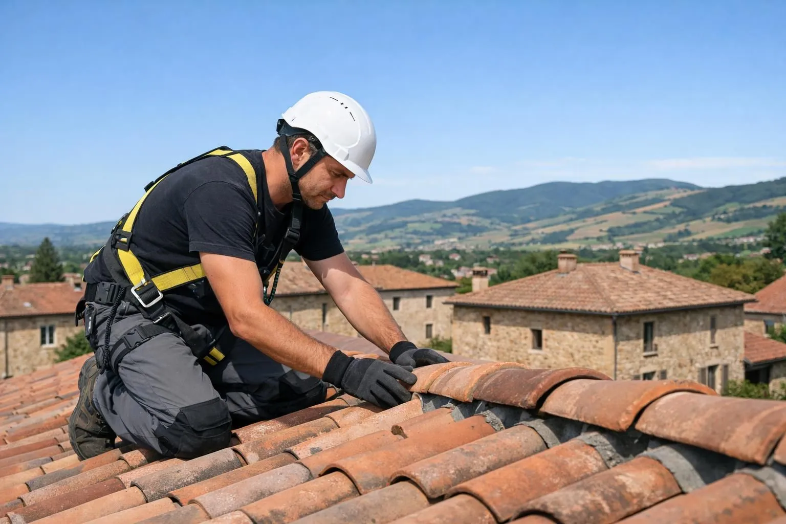 Professional roofer in safety equipment carefully inspecting traditional terracotta tiles on a residential home rooftop in Villefranche-sur-Saône, with the Beaujolais hillside and typical stone houses visible in the background under clear blue sky