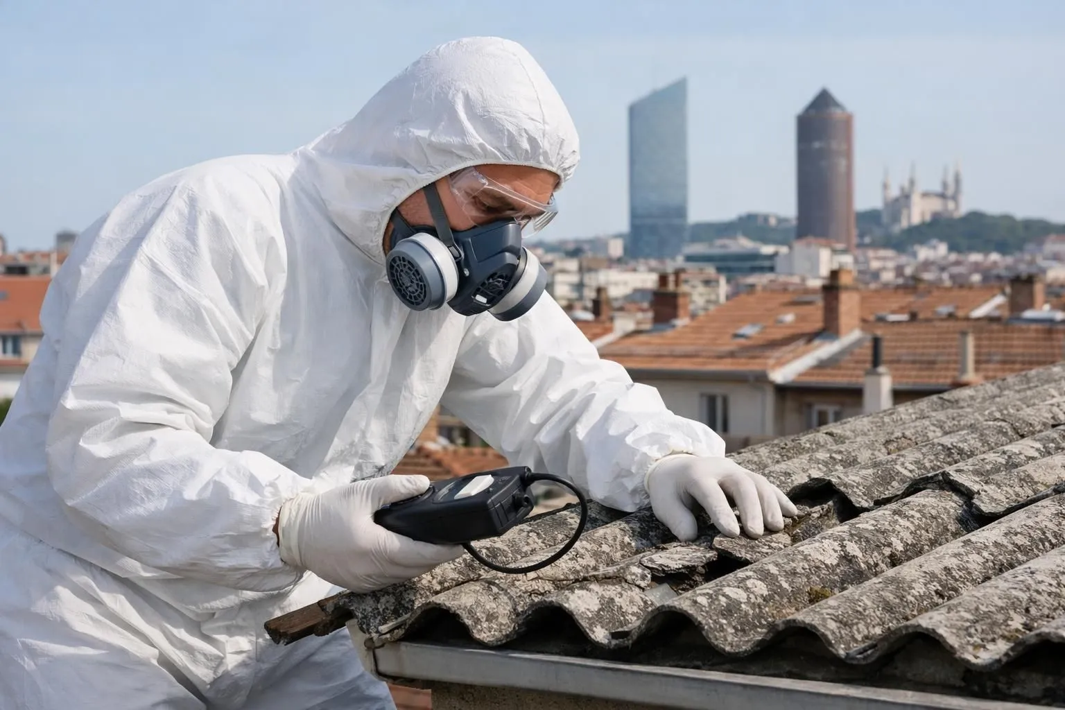 Professional roof inspector in protective white suit and respirator examining deteriorating gray asbestos-cement tiles on residential building, holding diagnostic equipment, Lyon urban rooftops visible in background, serious focused expression, natural daylight, photorealistic style