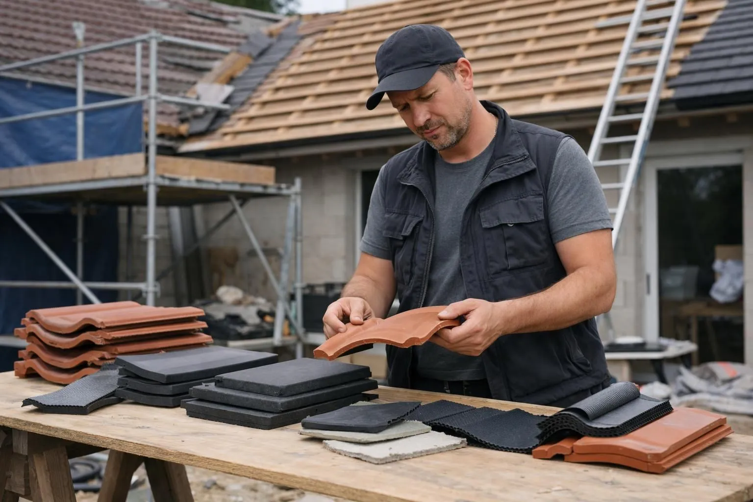 Vue rapprochée d'un artisan couvreur examinant différents échantillons de tuiles terre cuite, ardoise naturelle et zinc sur un établi de chantier, avec en arrière-plan une toiture en cours de rénovation dans un quartier résidentiel lyonnais