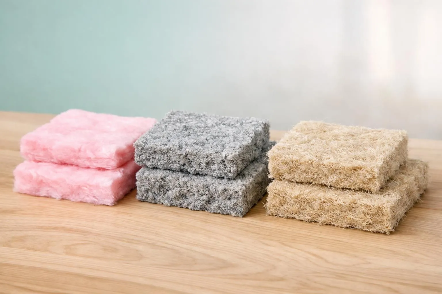 Close-up of different insulation materials samples arranged on wooden surface showing mineral wool rolls in pink, grey cellulose fibers, and natural hemp fibers with visible textures and density differences