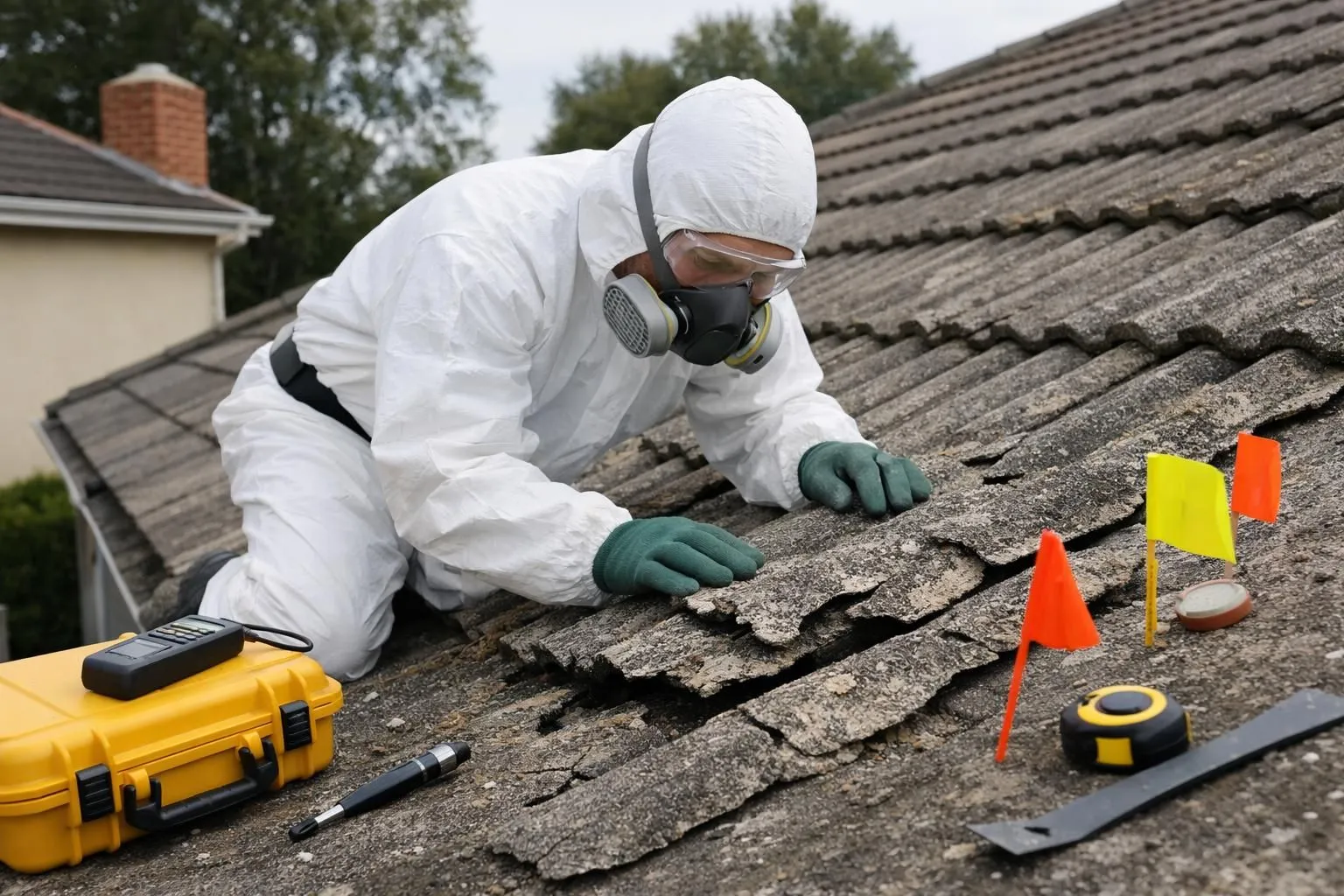 A roofing professional in protective equipment inspecting damaged asbestos-cement roof tiles on a residential house, with measuring tools and safety markers visible on the sloped roof surface, realistic documentation-style photograph showing the complexity of the assessment process