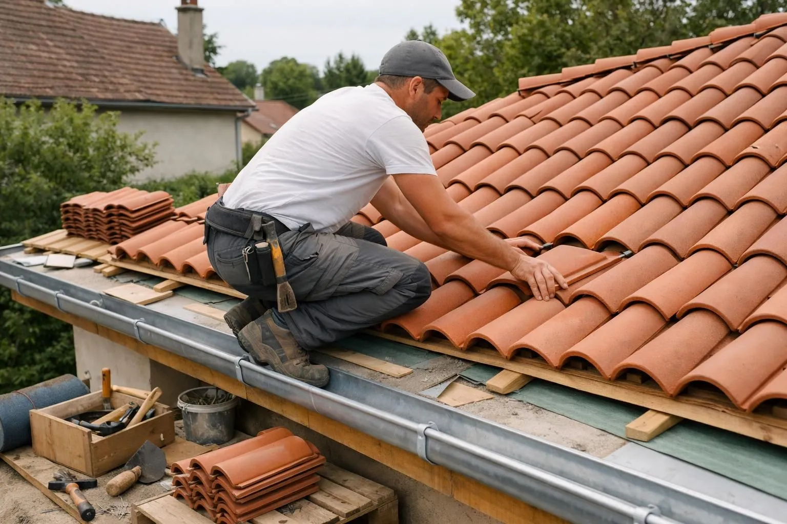 Professional roofer installing traditional terracotta tiles on residential roof with zinc gutters visible, tools and materials nearby showing quality craftsmanship in French architecture
