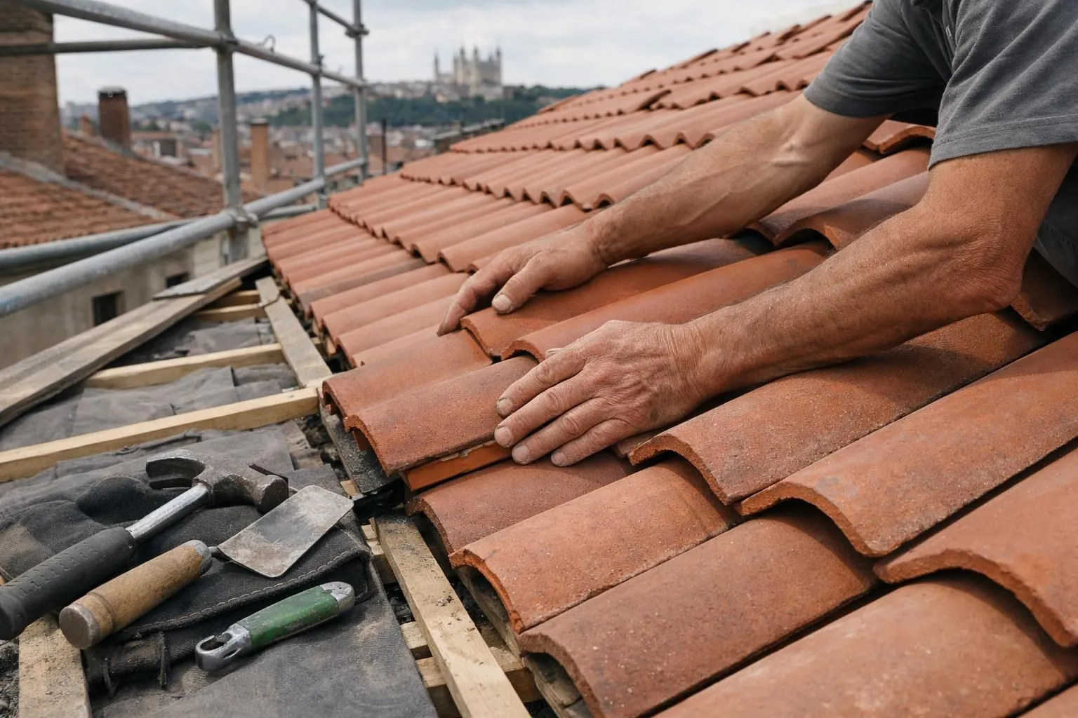 Couvreur professionnel en train d'installer des tuiles neuves sur une toiture lyonnaise, outils spécialisés visibles, vue rapprochée des mains manipulant les matériaux de couverture, échafaudage en arrière-plan