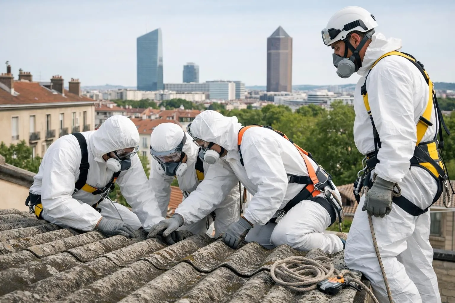 Professional roofing team in white protective suits and respirators inspecting asbestos roof tiles on Lyon residential building, safety equipment visible, urban Lyon architecture in background, natural daylight