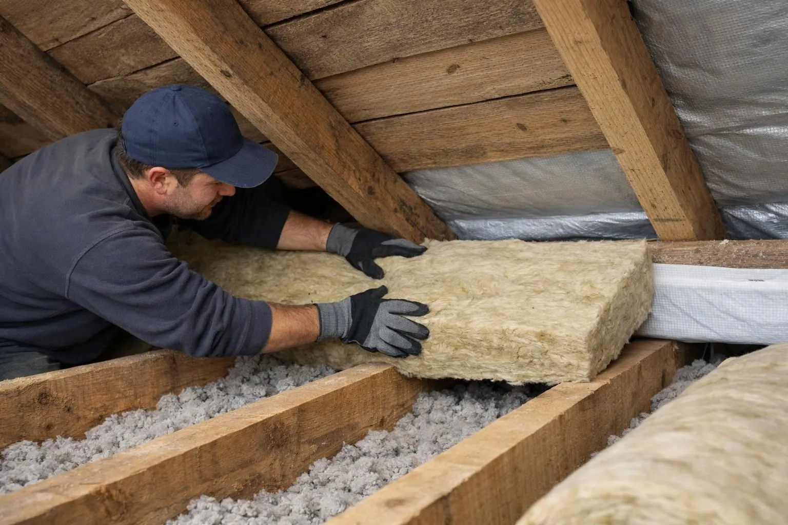 Interior view of traditional Lyon attic during insulation work showing exposed wooden rafters and installation of insulation material between roof beams with craftsman working on residential pitched roof renovation