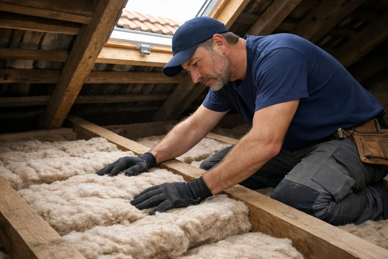 Professional roofer kneeling in attic space examining natural wool insulation material between wooden roof beams in traditional French house, natural daylight coming through roof opening, showing eco-friendly installation process