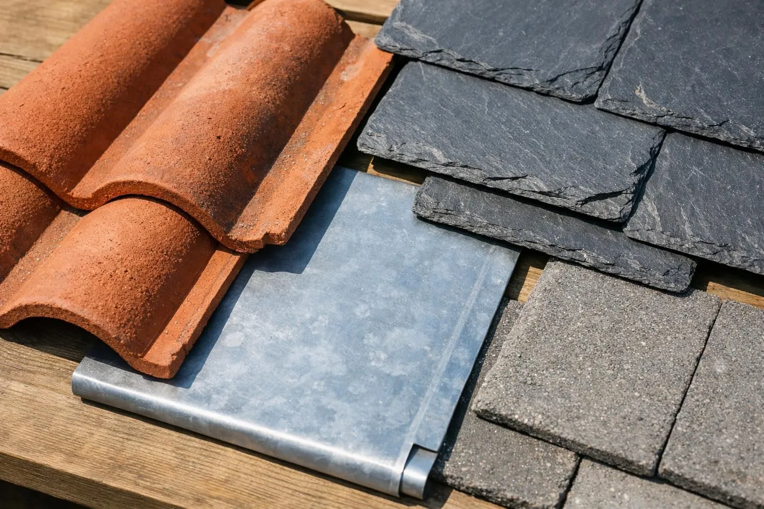 Close-up display of various roofing material samples arranged side by side on a wooden surface in natural daylight: traditional terracotta clay tiles with warm orange tones, natural dark grey slate pieces, modern zinc sheets with metallic shine, and grey concrete tiles showing different textures and colors for Lyon area renovation projects
