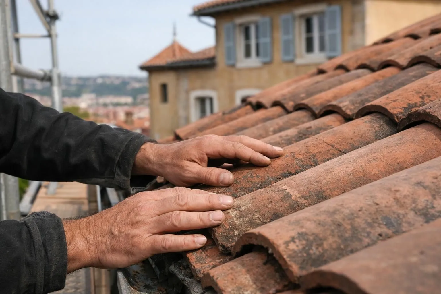 Artisan couvreur professionnel évaluant une toiture en tuiles inclinée avec équipement spécialisé, maison régionale lyonnaise typique en arrière-plan, focus sur inspection détaillée des tuiles et accessibilité du chantier